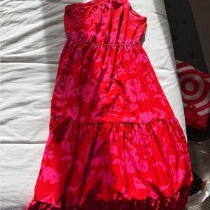 Bright Pink-Red Floral Tropical One Shoulder Sundress